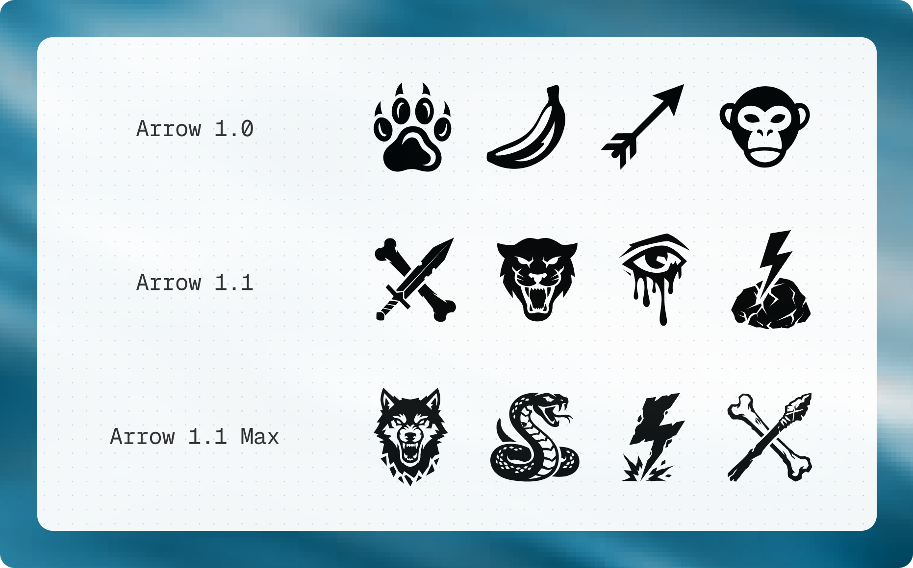 Side-by-side outputs from Arrow 1.0, 1.1, and 1.1 Max for the same icon style