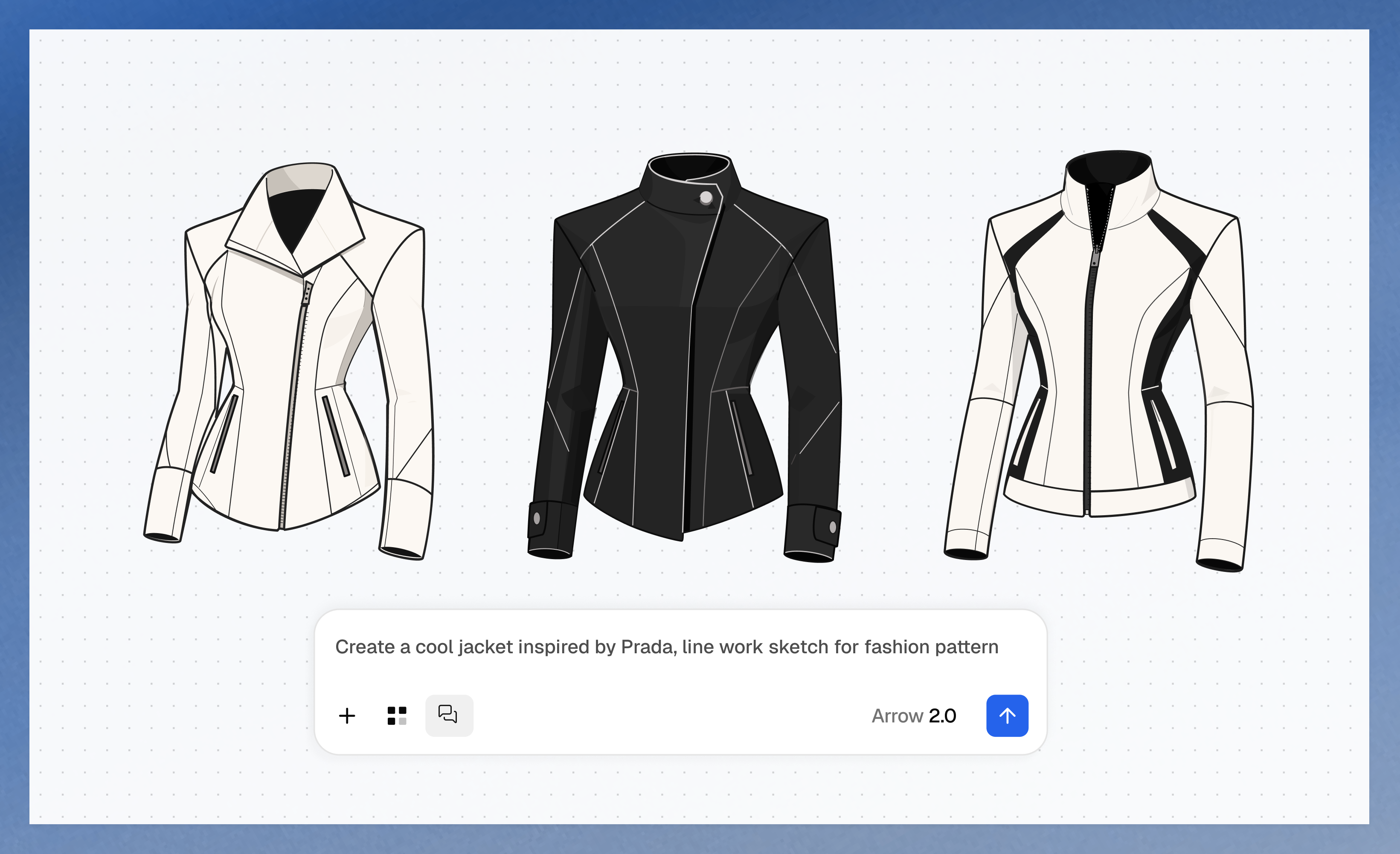 Three tailored jacket concepts presented as clean fashion line drawings