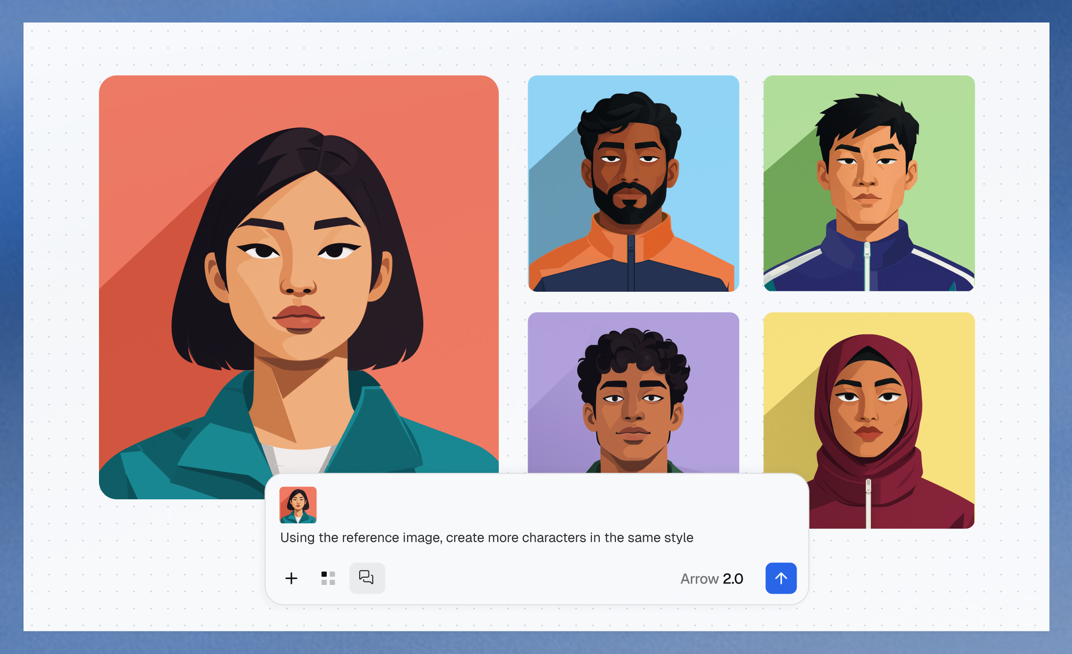 A reference character portrait alongside four stylistically consistent character portraits generated with Arrow 2.0