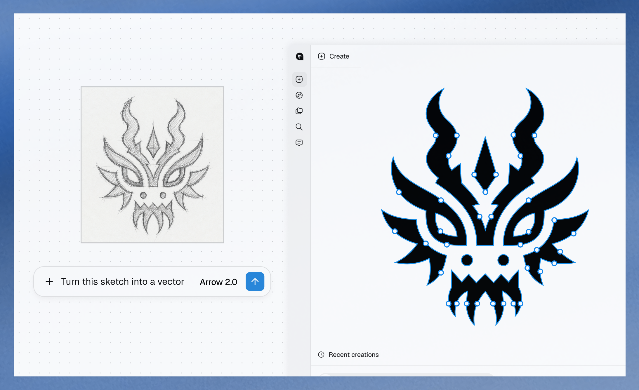 A hand-drawn horned mask sketch alongside the clean, editable vector created from it with Arrow 2.0