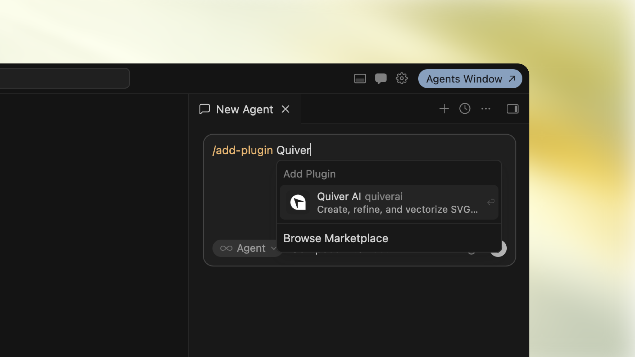 Cursor agent panel showing the QuiverAI plugin available through the add-plugin command