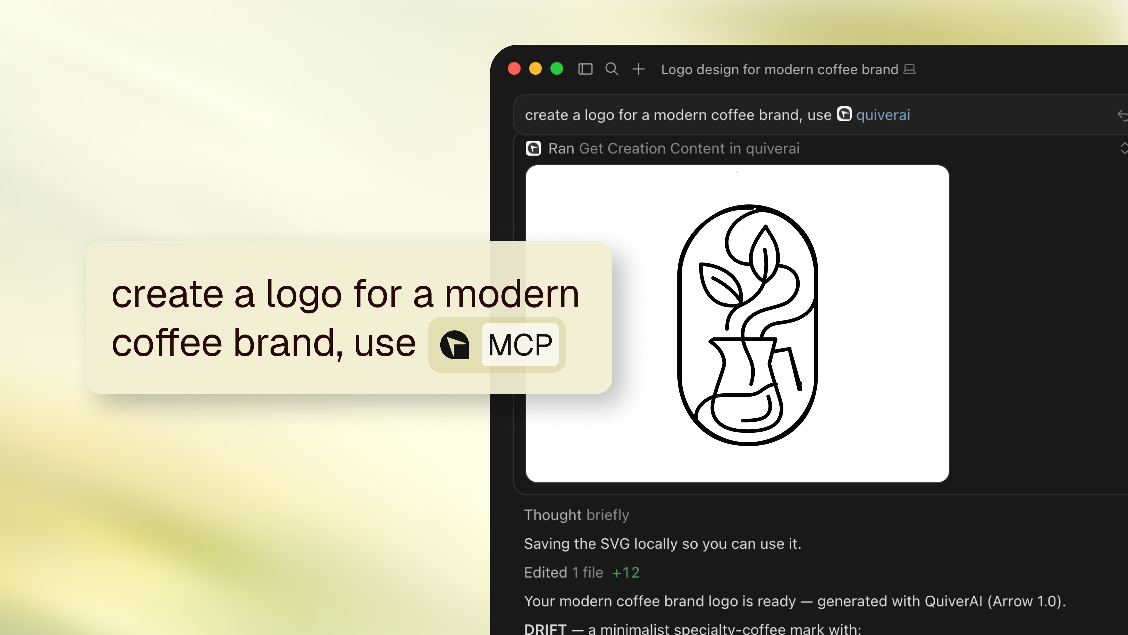 Cursor using QuiverAI MCP to generate and retrieve an SVG logo for a modern coffee brand